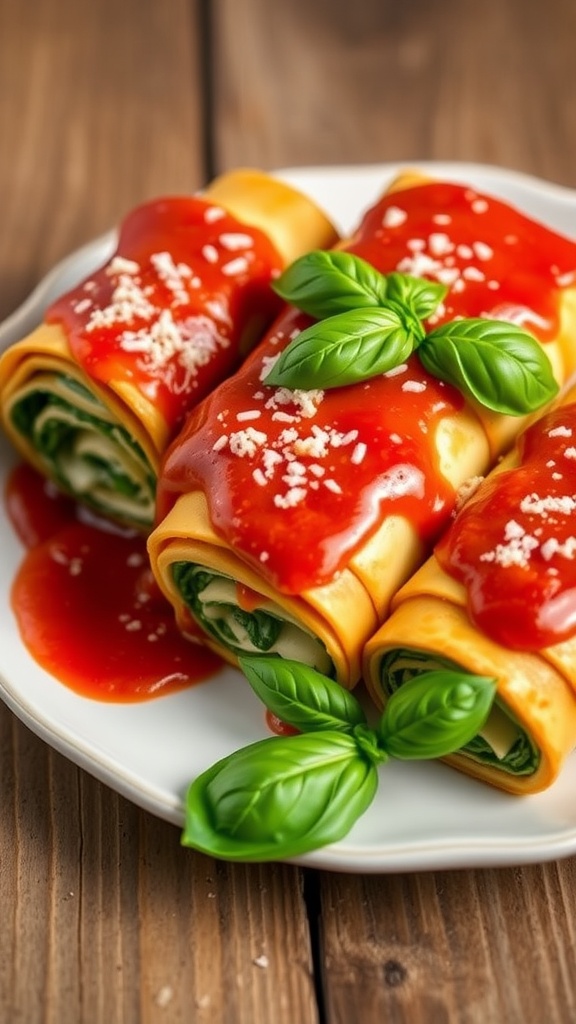 Cheesy spinach lasagna roll-ups topped with marinara sauce and fresh basil on a rustic wooden table.